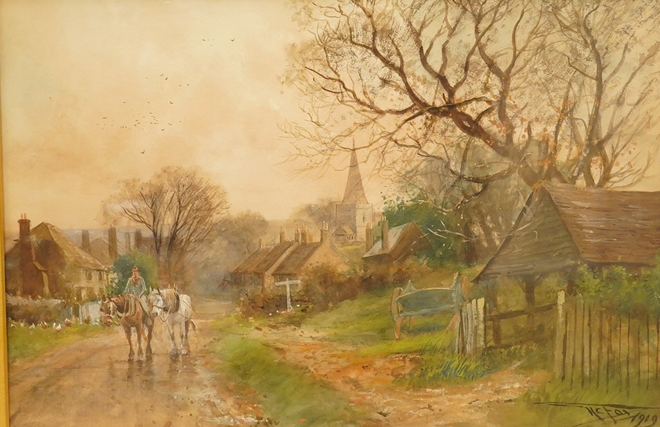 Henry Charles Fox RBA, (1860-1925), watercolour, Village scene with horse and cart, signed and dated 1919, 34 x 50cm, gilt frame. Condition - fair